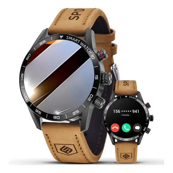 Relógio Inteligente Homens Smartwatches Chamada Bluetooth Preto Couro Marrom Preto