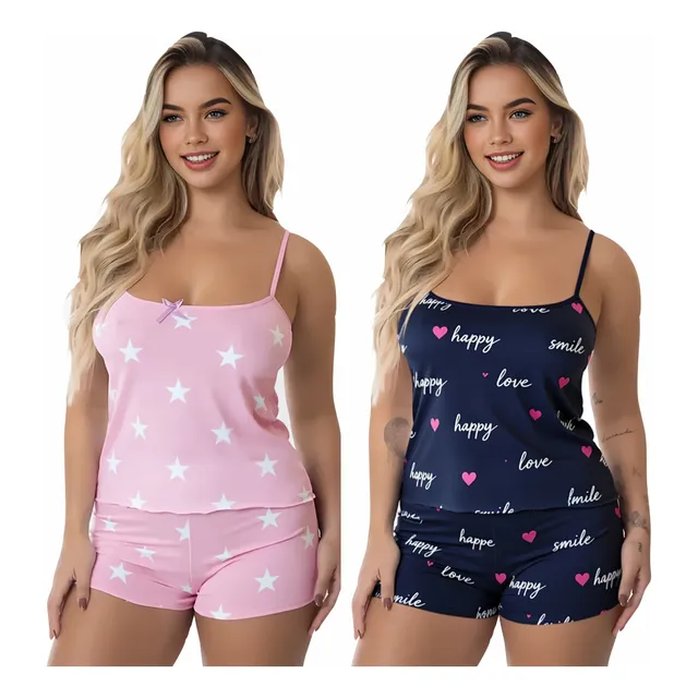 Kit 4 Peças Pijama Feminino Baby Doll 2 Shorts + 2 Blusas
