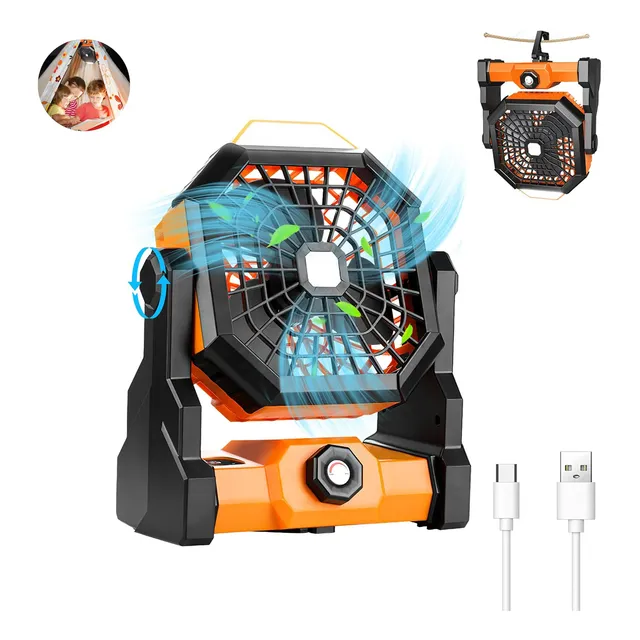 Ventilador Portatil Recarregavel De Acampamento Com Led Luz