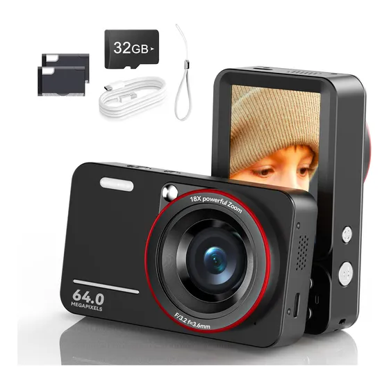 Cámara digital Occiam CS01 Color Negro 64MP 4K Full HD 18x Zoom Pantalla de 2.8" Selfie Temporizador y Modo Burst con Tarjeta SD de 32GB y Doble Batería Ligera y Fashion