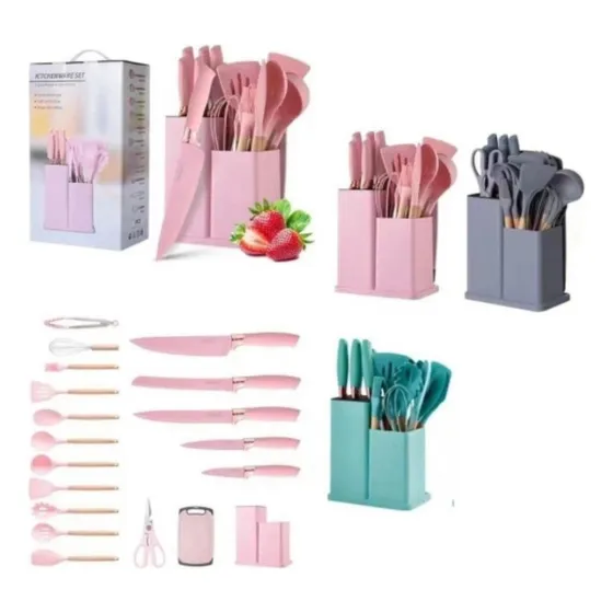 Set De Utensilios De Cocina Silicona Cuchillos Y Tabla 19pcs
