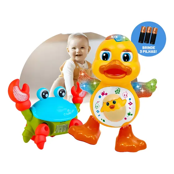 Kit Brinquedo Pato Dançante E Caranguejo Fujão Som Movimento