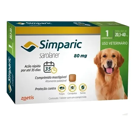 Simparic Caixa 1 Comprimido Cães 20 A 40 Kg 80 Mg Zoetis Verde-escuro