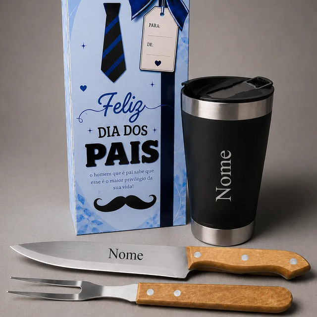 Kit Churrasco Presente Dia dos Pais com Faca, Garfo e Copo Termico