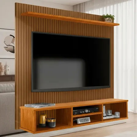 Home Painel Simples Tv 50 Pol Sala Suspenso Com Nicho E Prateleira Ripado Canela Clique Moveis