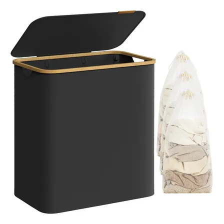 SONGMICS Cesto de Roupa Suja com Tampa de Bambu, Dobrável,150 L,3 Compartimentos, Saco Interno Removível, 60 x 38,5 x 70,5 cm, para Banheiro e Lavanderia, Preto, Coleção