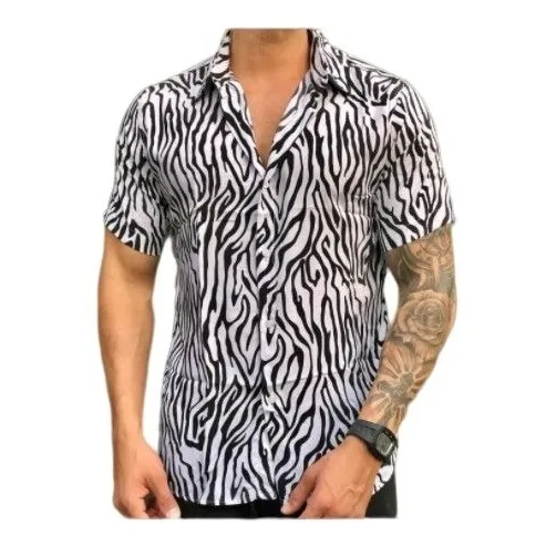 Camisa Masculina Floral Listrada Estampada Viscolinho