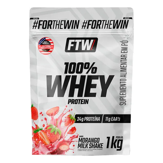 Whey Protein 100% Concentrado Refil 1kg Sabor Morango Milk Shake - FTW
