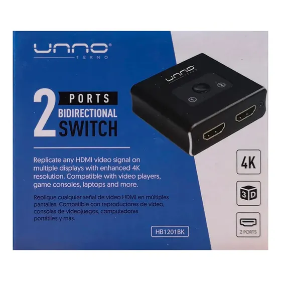 Switch Hdmi 2 Puertos Bidireccionales Unno HB1201BK