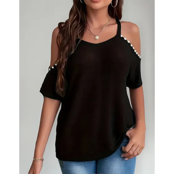 Blusa Mujer Manga Corta Abierta Informal Perlas Talle Especi