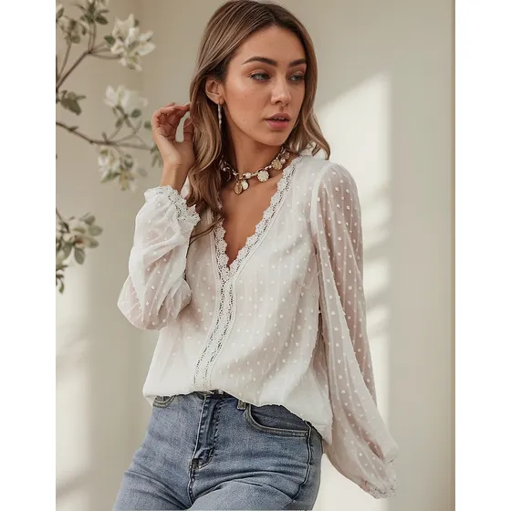 Blusa Mujer Casual Cuello En V Manga Larga Gasa Con Encaje