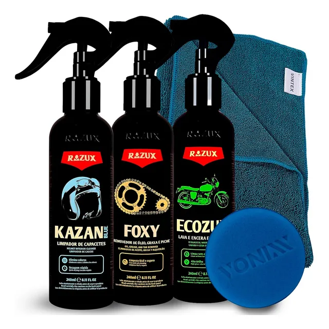 Kit Moto Limpeza Razux Ecozux + Kazan Blue + Foxy 240ml Pano