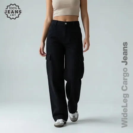 Calça Jeans Wide Leg Cargo Preta Feminina Cintura Alta