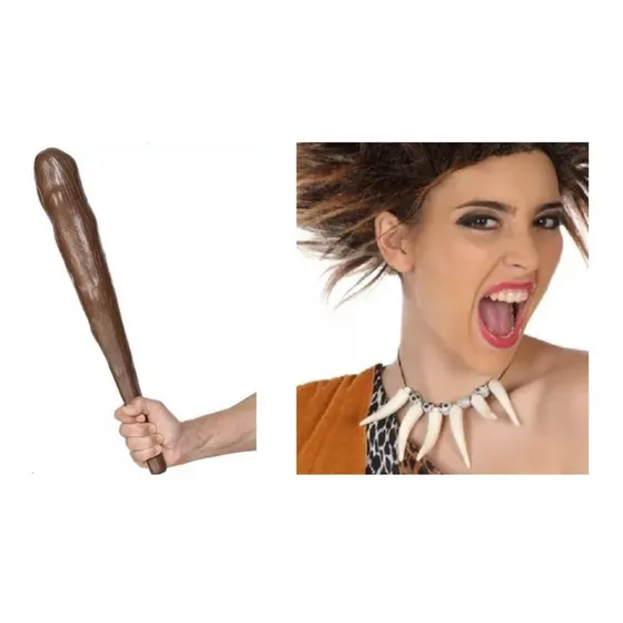 Kit Porrete E Colar De Dentes P/ Fantasia Homem Das Cavernas