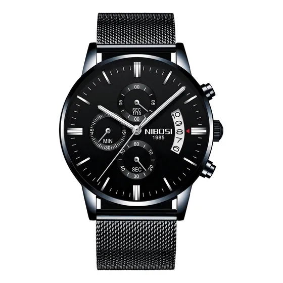 Relógio Masculino Nibosi 2309 Preto Pulseira Malha De Aço