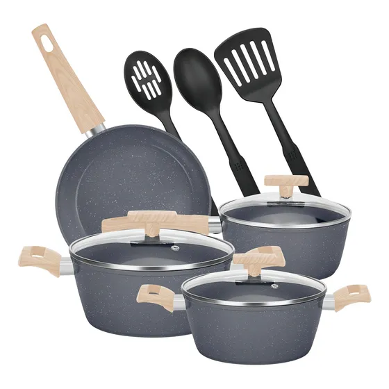 Bateria De Cocina 10 Piezas Antiadherente Aluminio Granito Menaje Color Gris Oscuro Chef Choice