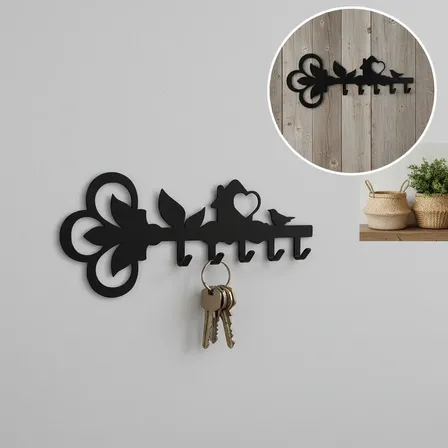 Porta-chaves De Ferro - Formato Chave - 5 Ganchos - 28x12 Cm Preto
