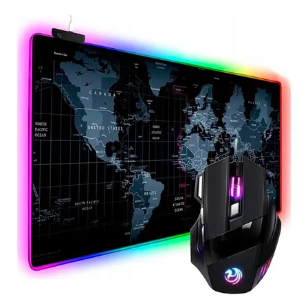 Kit Mouse Gamer Com Fio E 7 Botões, De 3200 Dpi, E Mousepad Extra Grande De Led Rgb Preto