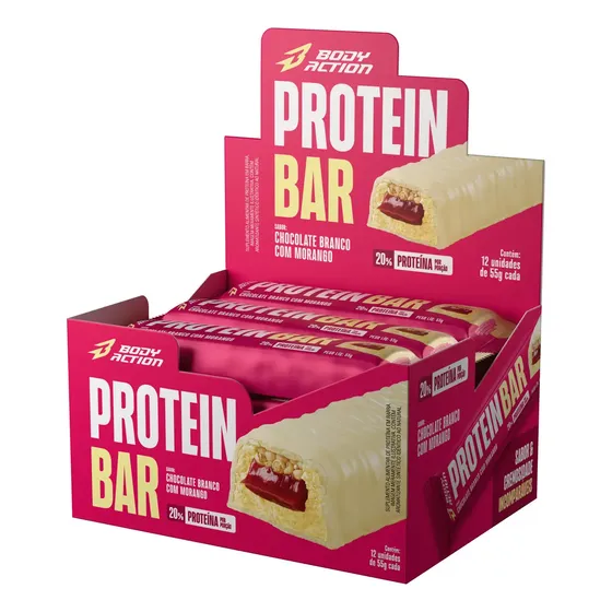 Barra De Proteína Cx 12 Unid. Snacks Protein Bar Bodyaction Sabor Chocolate Branco com Morango