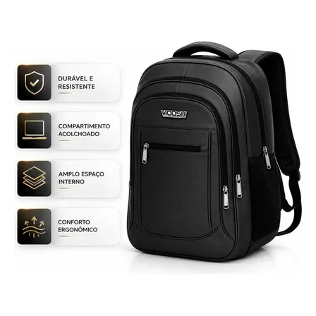 Mochila Bolsa Grande Alça Reforçada Resistente Faculdade Trabalho Masculina Feminina Cor Preto Marca Woosh Liso