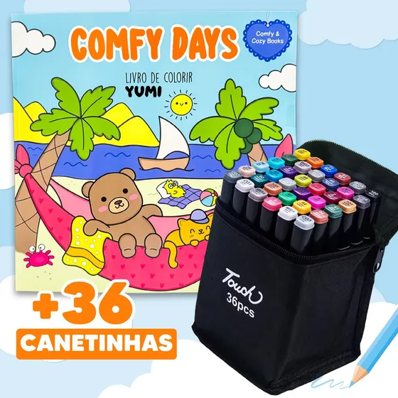 Kit Livro De Colorir Bobbie Comfy Days Dias Quentes + 36 Canetinha Touch Canetas Bobbie Ponta Dupla