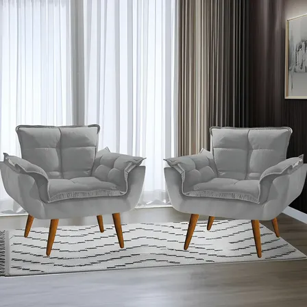 Kit 02 Poltronas Decorativas Opala Suede Porto Decor Cor Cinza