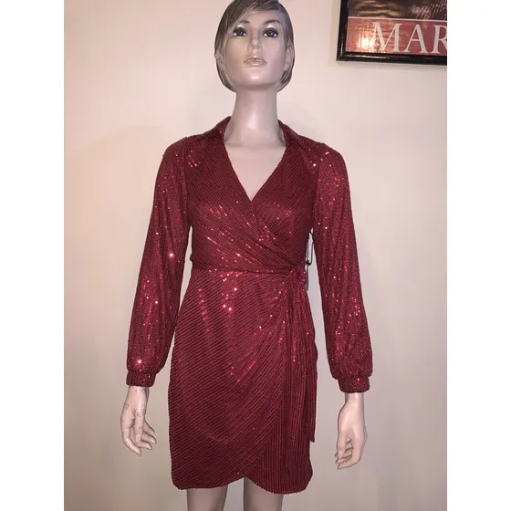 Vestido Casual Manga Larga Lentejuelas Vinotinto