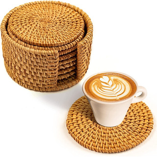 6 Posavasos De Ratán Natural Con Soporte 6 Posavasos De Ratán Natural Con Soporte