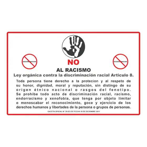Cartel  Prohibido Discriminación Racial _vinil 50 X 80 Cm