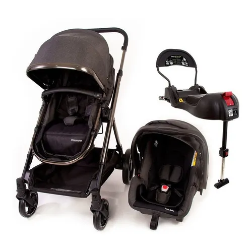Conjunto Travel System Discover Ts Trio Isofix Black Chrome: Carrinho Com Moisés + Bebê Conforto + Base Veicular Isofix/cinto, Estrutura De Alumínio, Capotas Uv50+, Assento Reversível - Safety 1st