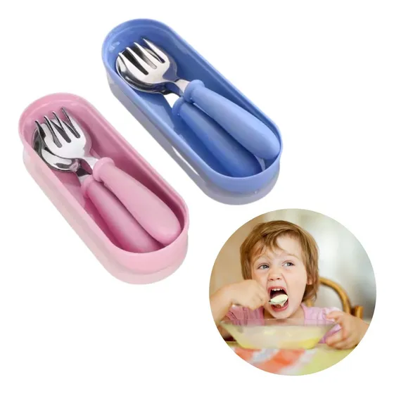 Kit Talheres Infantil Aço Inox Colher Garfo Com Estojo Bebe