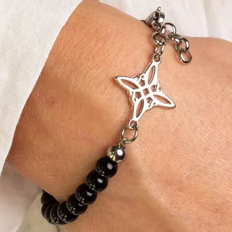 Pulsera Mujer Protectora Nudo De Bruja Obsidiana Negra