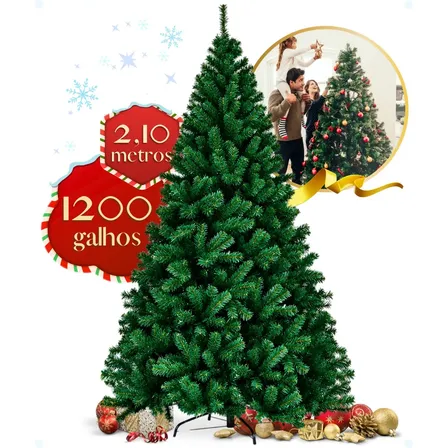 Árvore De Natal Grande 2,10m 1200 Galhos Pinheiro Luxo Premium Verde Cheia Pé De Ferro Galho Grosso 210cm Enfance
