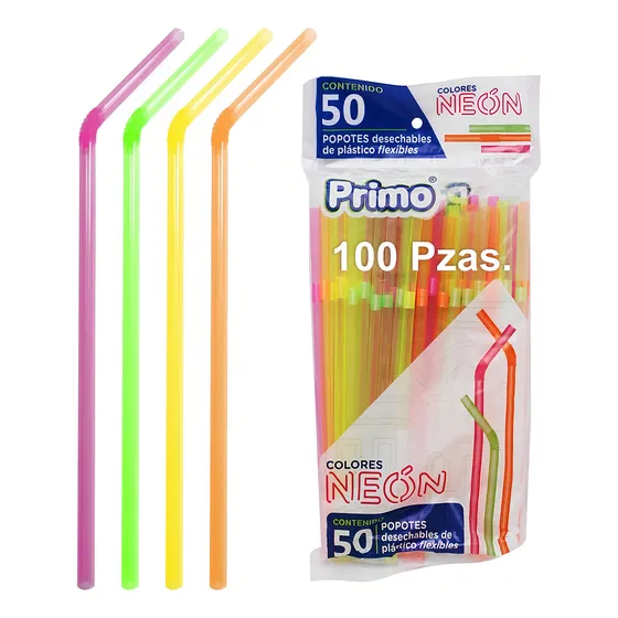 Popotes Neón Flexible Fiesta 100 Piezas Marca Primo Color Verde limón