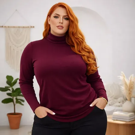 Blusa Flanelada Gola Alta Manga Longa Plus Size Inverno Vinho Liso G4