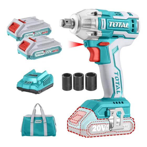 Llave Pistola De Impacto Inalámbrica Total 20v Industrial Motor Brushless Sin Carbones Encastre 1/2'' Torque 300nm Con 2 Baterías 2.0ah Litio-ion Cargador Dados Y Bolso TIWLI2001