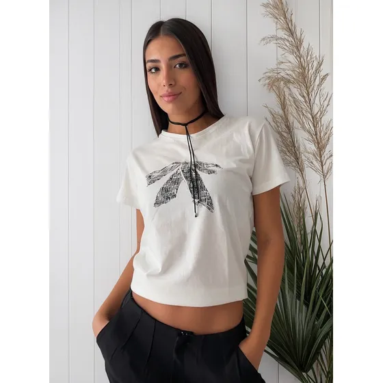 Remera Mujer Basica Estampa Moño Jersey Algodón.