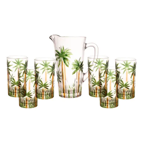 Conjunto Jarra Com 6 Copos Cristal Palm Tree Handpaint Wolff