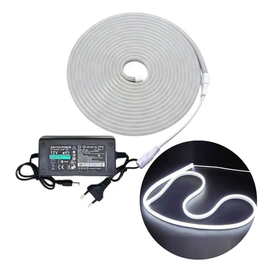 5m Mangueira Fita Led 12v Neon Corte2,5cm Alto Brilho+ Fonte Luz Branco-frio 127/220V