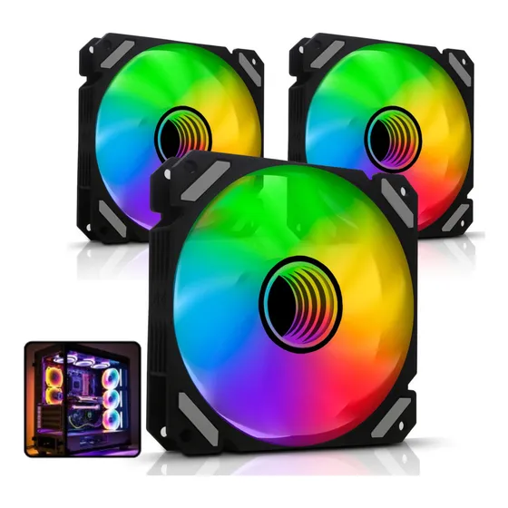 Kit 3 Fans Cooler Rgb 120mm Ultra Silencioso Ventoinha Gabinete Pc Gamer Led Digital Informática