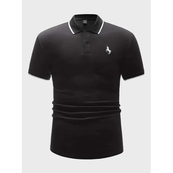 Shein Hombres Camisa Polo Ribete De Rayas Caballo Bordado