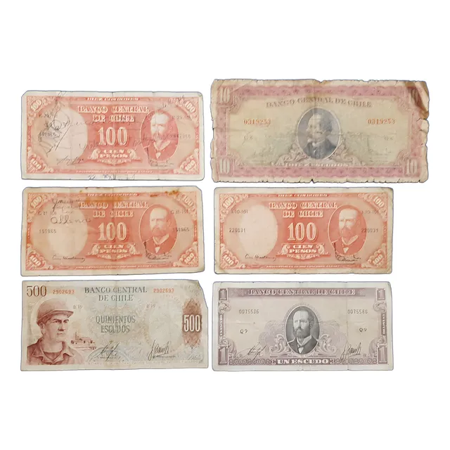 Lote De 6 Billetes Chilenos Dañados, Circulados