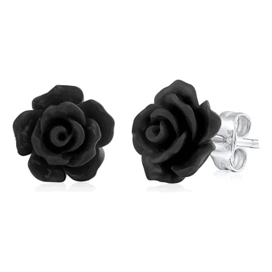 Pendiente De Flor De Rosa Chapado En Plata Cristal Azul Negr