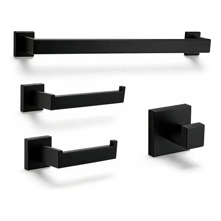 Kit Acessórios Banheiro Quadrado Preto Inox 4 Peças Flat Preto