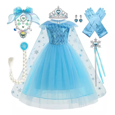 Vestido De Princesa Azul Con Accesorios Cosplay Frozen Elsa