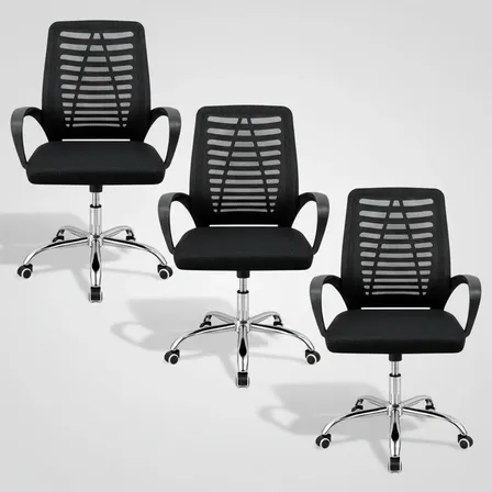 Kit 3 Cadeiras Escritório Mesh Alto Conforto Ergonômica Ajus Preto Tela Mesh Respirável Sistema Relax E Base Cromada Reforçada