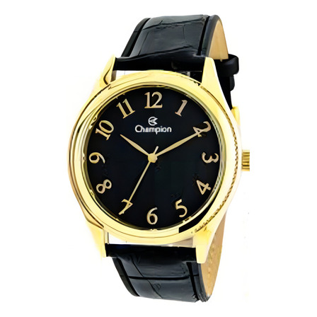 Relógio Analógico Champion Dourado Couro Preto Casual Relógio Analógico Champion Dourado Couro Preto Casual