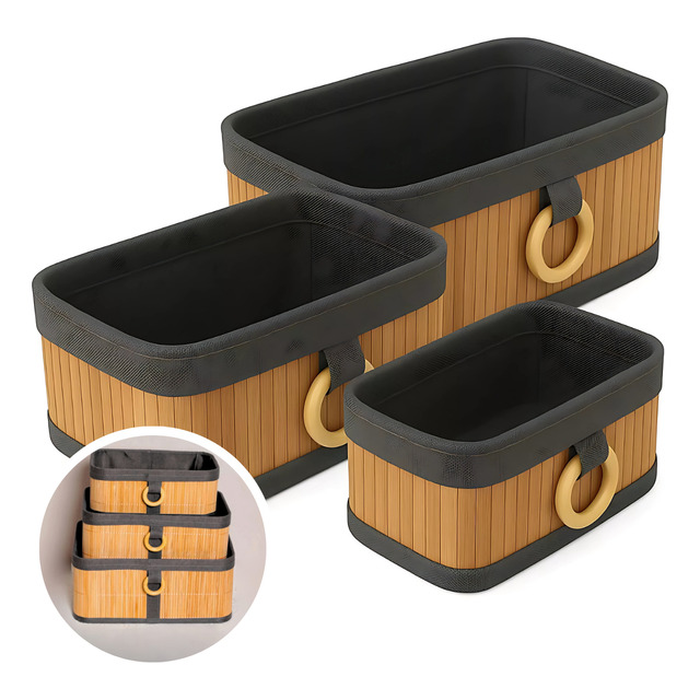 3 Cestos Caixa Organizador De Bambu Banheiro Quarto Armário 3 Cestos Caixa Organizador De Bambu Banheiro Quarto Armário