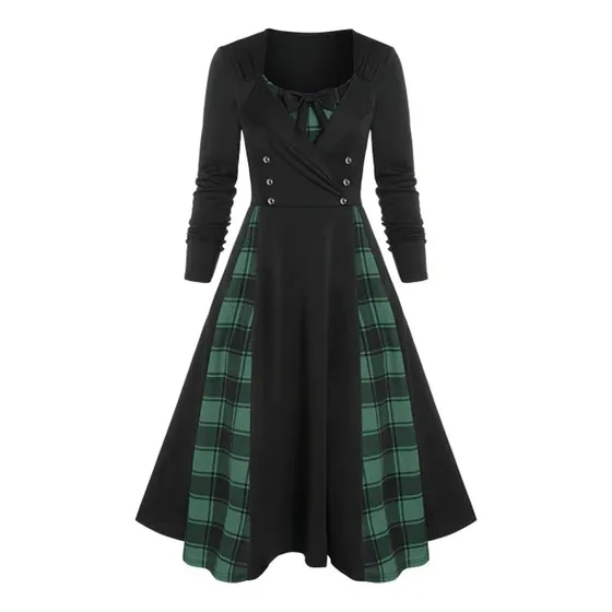 Retro Plaid Una Linea Vestido Patchwork O-cuello Manga Larga