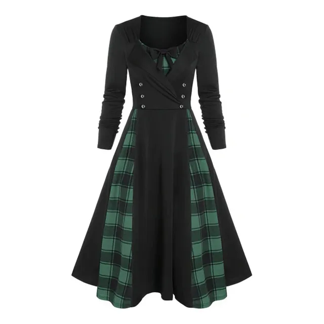 Retro Plaid Una Linea Vestido Patchwork O-cuello Manga Larga